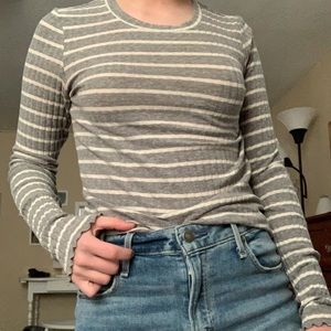 Gray and White Striped Long-sleeve Top